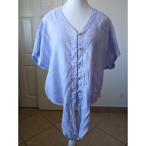 Cremieux Women's Light Purple L 100% Linen V-Neck Short Sleeve Front Tie Blouse - Picture 3 of 16